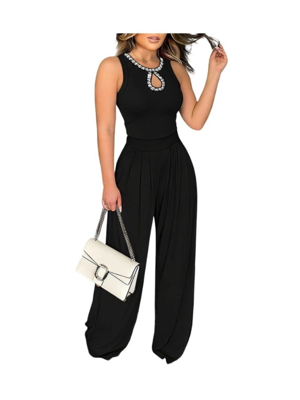 Women Rhinestone Sleeveless Wide Leg Jumpsuit with Pockets